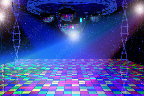 Fototapeta Naklejka Na Ścianę i Meble -  Disco lights background with mirror balls, chrome lattice and shining stars. 3d illustration.