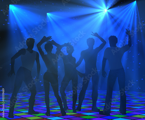 Disco party background with blue light rays and a group of young people dancing. 3d illustration.