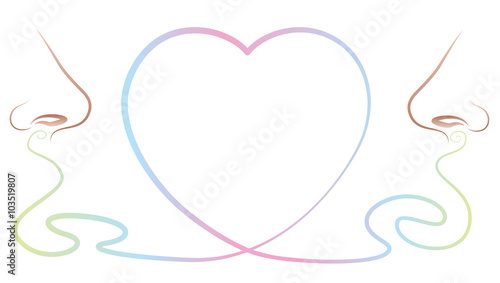 Love pheromones - two noses smell and sense an attractive body odor, depicted as a heart symbol between them. Isolated vector illustration on white background. photo