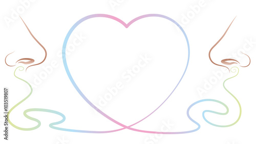 Love pheromones - two noses smell and sense an attractive body odor, depicted as a heart symbol between them. Isolated vector illustration on white background.