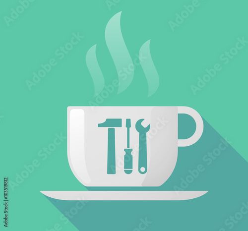 Long shadow cup of coffee with  a tool set