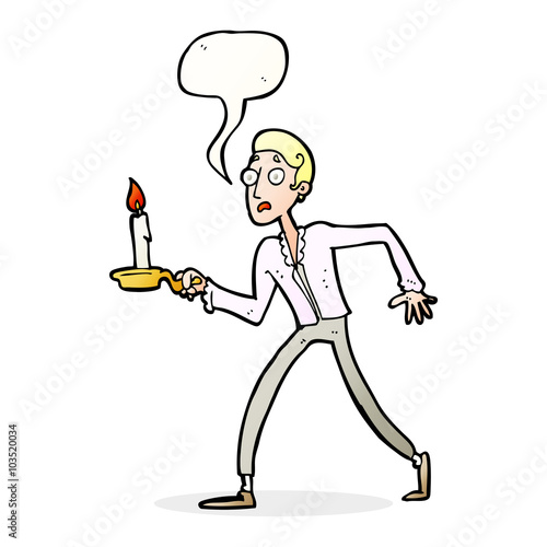 cartoon frightened man walking with candlestick with speech bubb photo