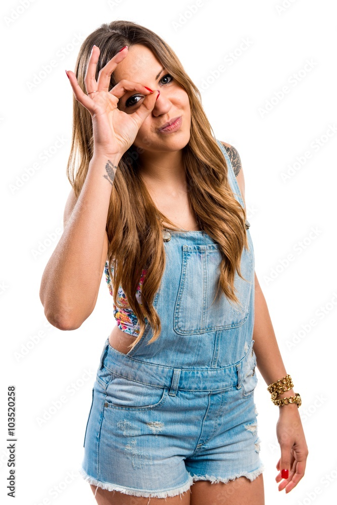 Pretty girl in jumper shorts doing a joke Pretty girl in jumper shorts doing a joke