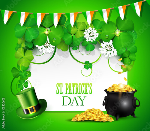 St. Patrick's Day poster with pot of gold, clover and green hat.