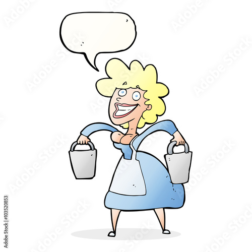 cartoon milkmaid carrying buckets with speech bubble