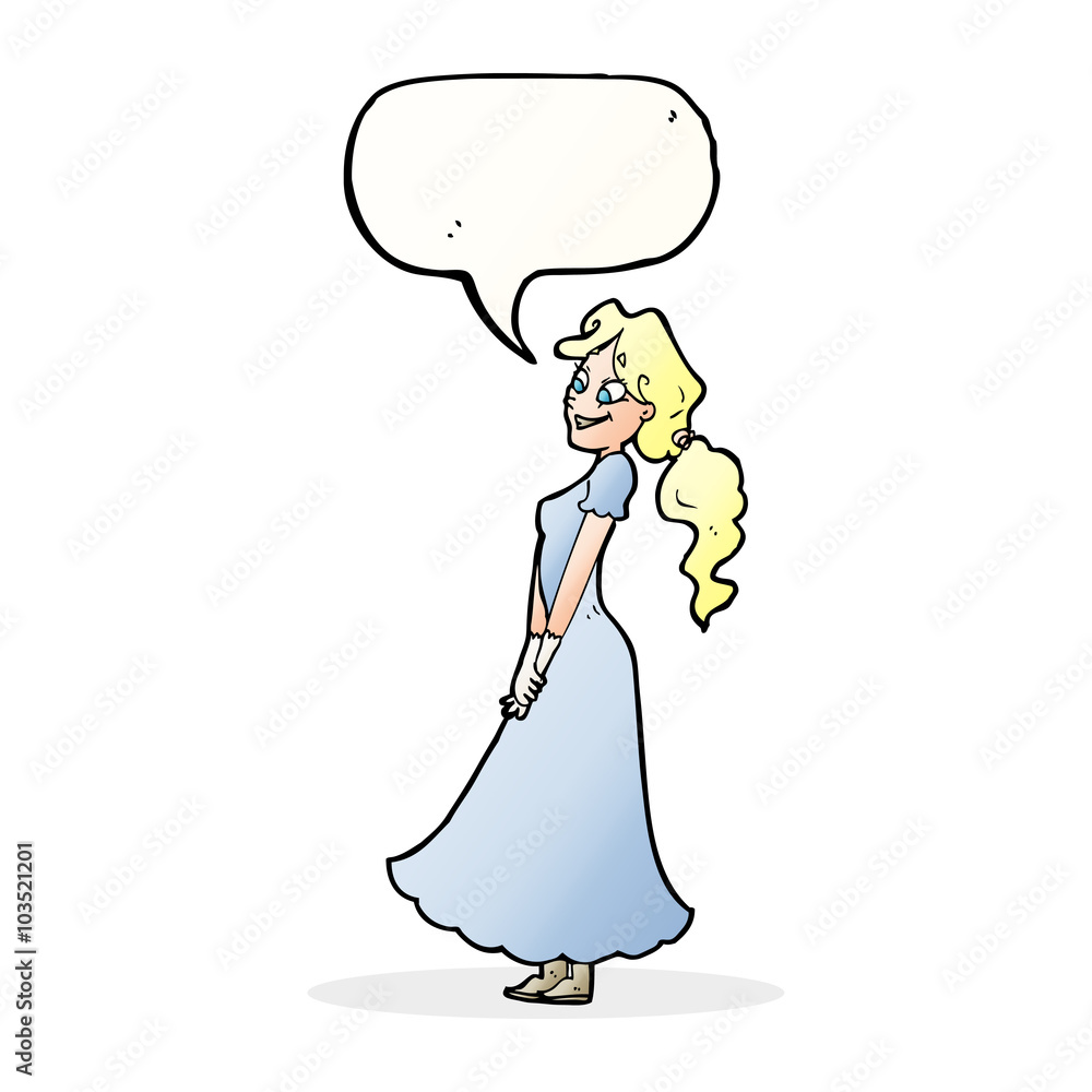 cartoon pretty woman in dress with speech bubble cartoon pretty woman in dress with speech bubble