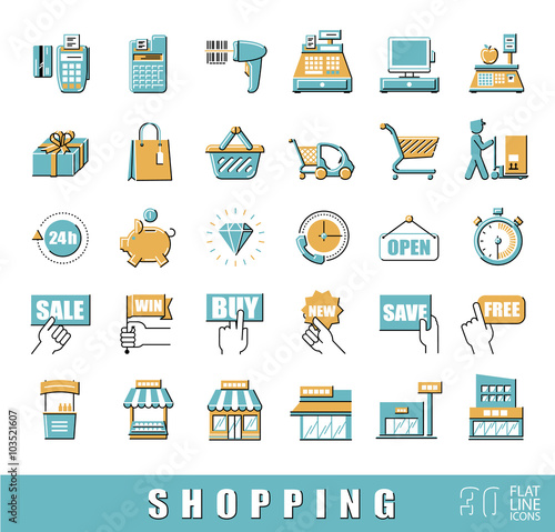Set of shopping icons. Vector illustration. Premium quality outline symbol collection. Flat line icons set.