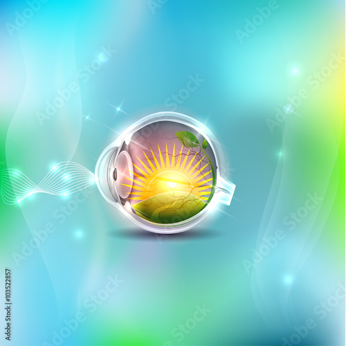 Abstract eye anatomy, human sight. Sun and fields inside the eye. Beautiful blue mesh background with lights.