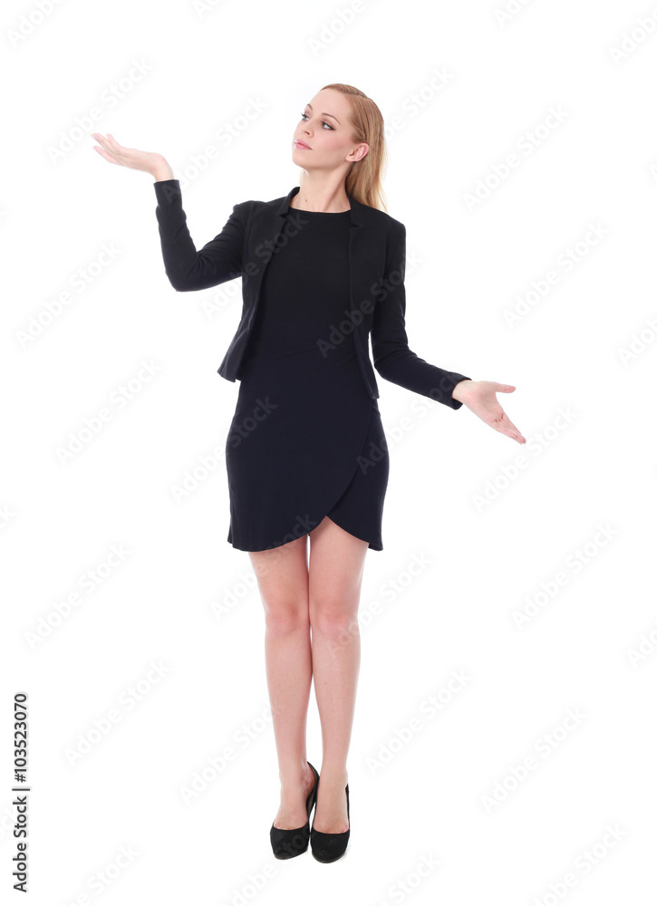 Full length portrait of an attractive professional woman wearing black dress suite and heels, isolated on a white background. Full length portrait of an attractive professional woman wearing black dress suite and heels, isolated on a white background.