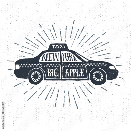 Hand drawn textured vintage label, retro badge with taxi vector illustration and "New York. Big apple." lettering.