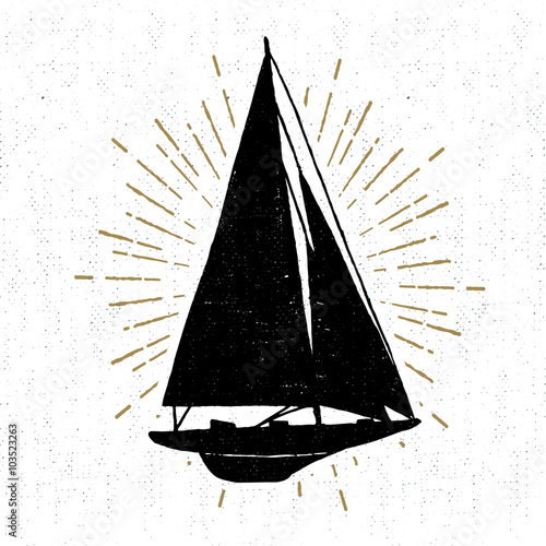 Hand drawn vintage icon with yacht vector illustration.