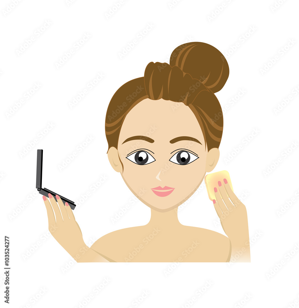 Woman using Compact powder to apply her make-up Woman using Compact powder to apply her make-up