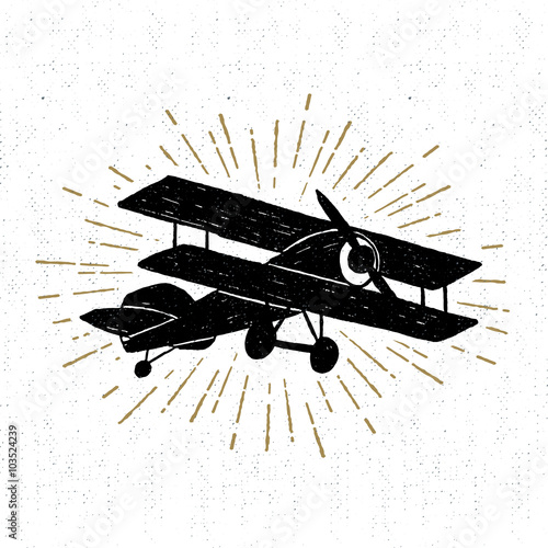 Hand drawn vintage icon with biplane vector illustration.