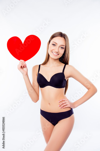  sexy happy woman in black lingerie holding red paper heart