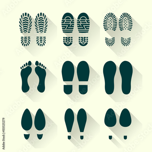 Set of footprints and shoes in a flat design