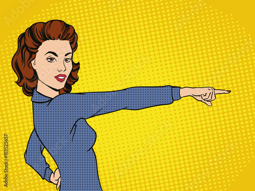 Successful business woman pointing her finger. Vector illustrati