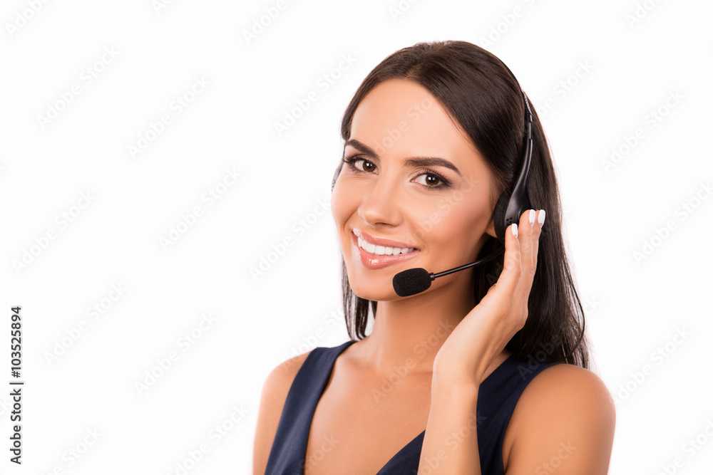 Beautiful call center operator with microphone and headphone smi Beautiful call center operator with microphone and headphone smi