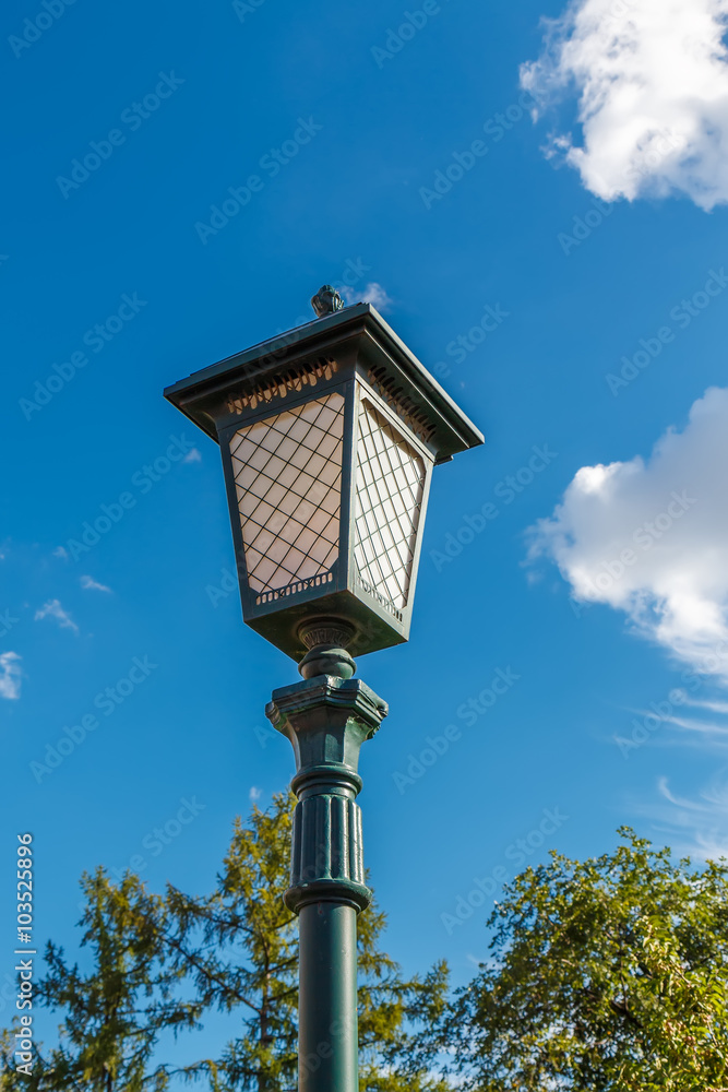 Old-fashioned street lamp against the trees. Moscow, Russia. Old-fashioned street lamp against the trees. Moscow, Russia.