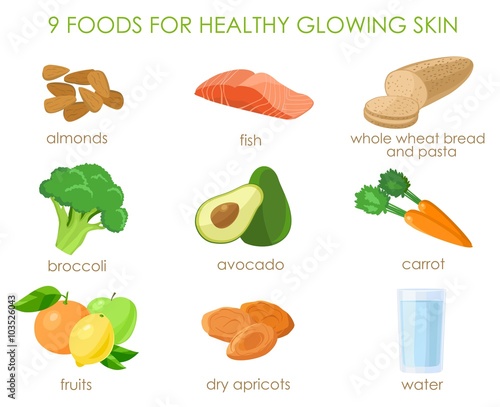 Nine foods for healthy skin. Vector