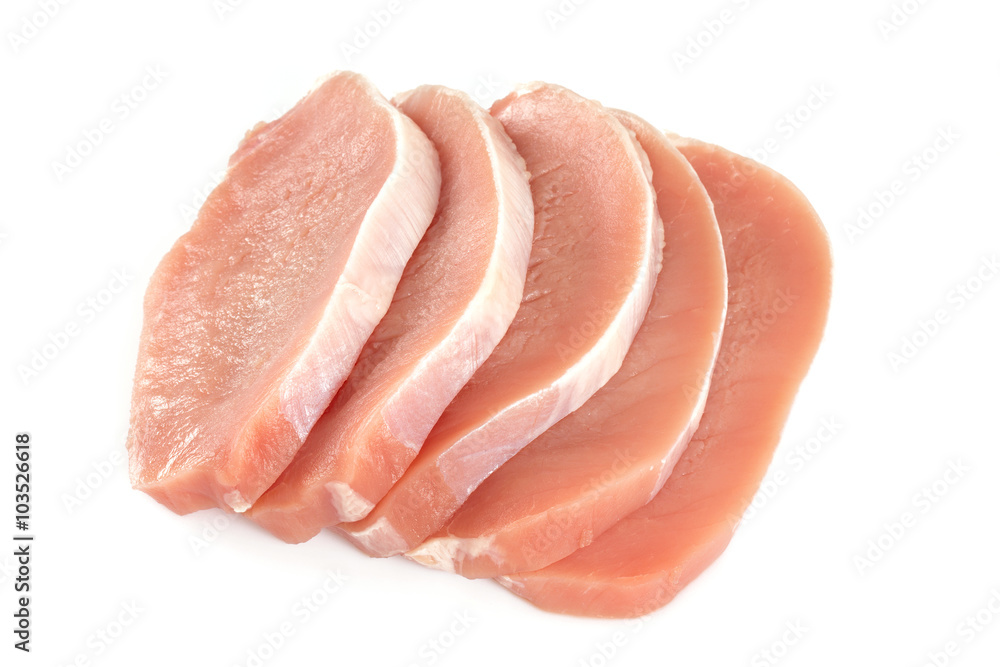 raw pork pieces isolated on white background