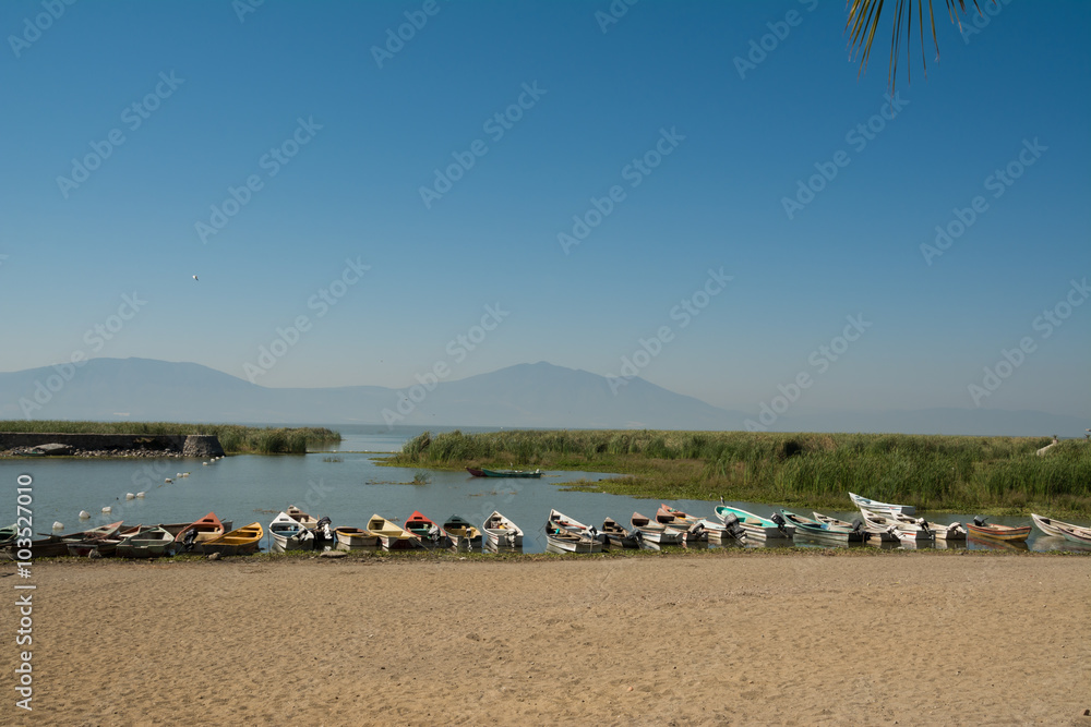 Lanchas estacionadas en la costa del Lago de Chapala México.