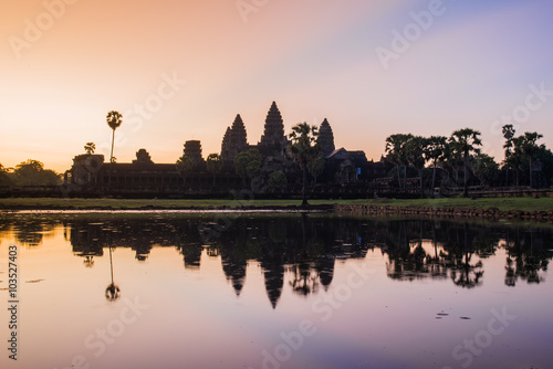Sunrise in Angkor Wat, a temple complex in Cambodia. UNESCO World Heritage Site.