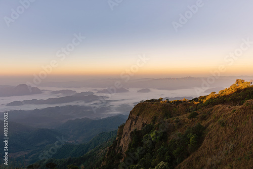 mountain ridge with mist in morning, Beautiful mountain ridge for hiking at Doi Tu Lay (Mon Tu Lay) , Tak province Thailand