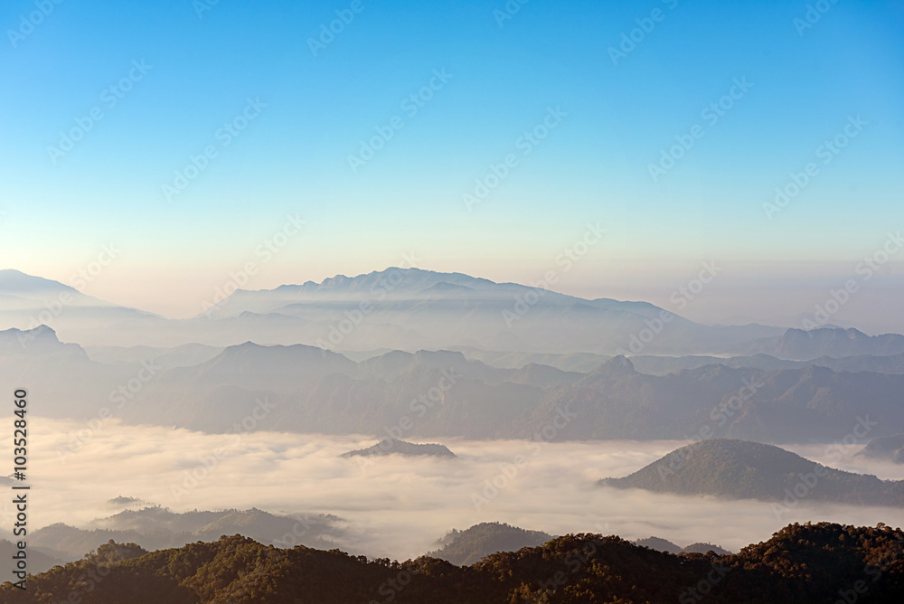 mountain ridge with mist  in autumn morning, Beautiful mountain ridge for hiking at Doi Tu Lay (Mon Tu Lay) , Tak province Thailand