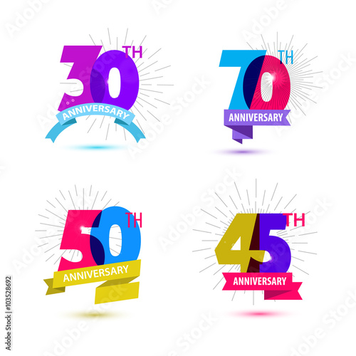 Vector set of anniversary numbers design. 30, 70, 50, 45 icons, compositions with ribbons.