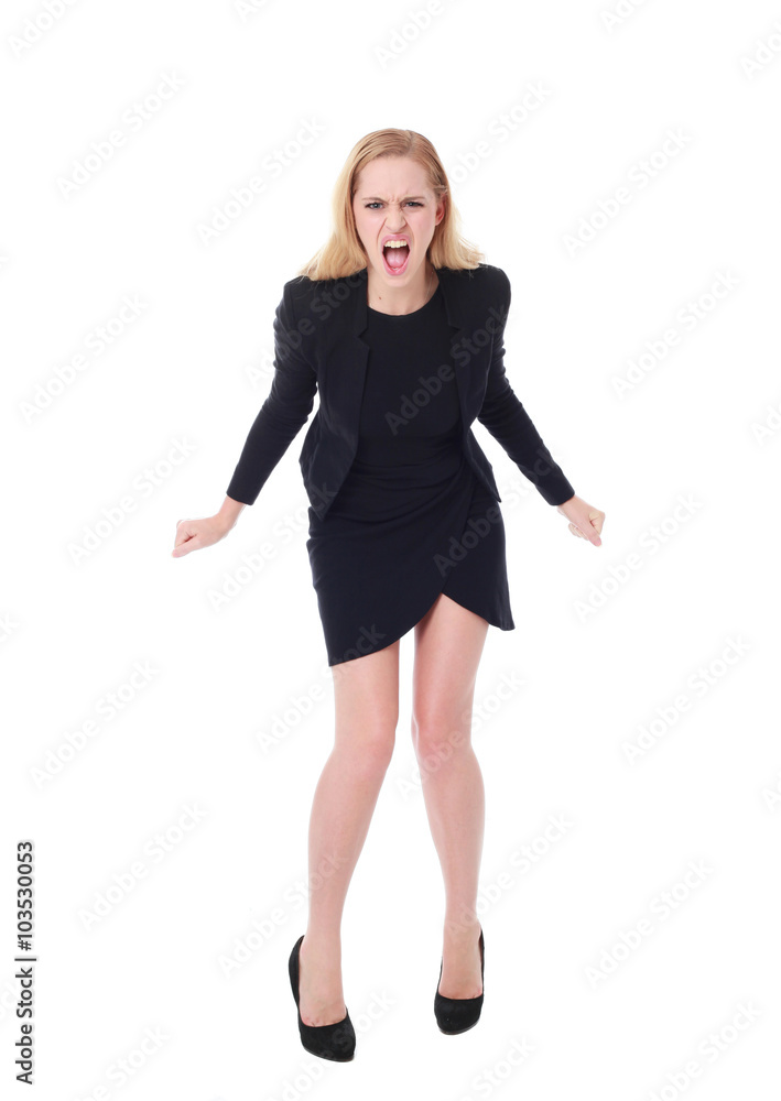 Full length portrait of an attractive professional woman wearing black dress suite and heels, isolated on a white background. Full length portrait of an attractive professional woman wearing black dress suite and heels, isolated on a white background.