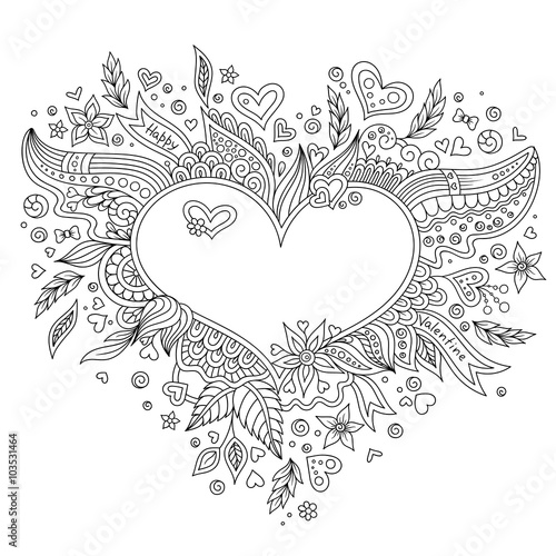 Coloring page flower heart St Valentine's day greeting card