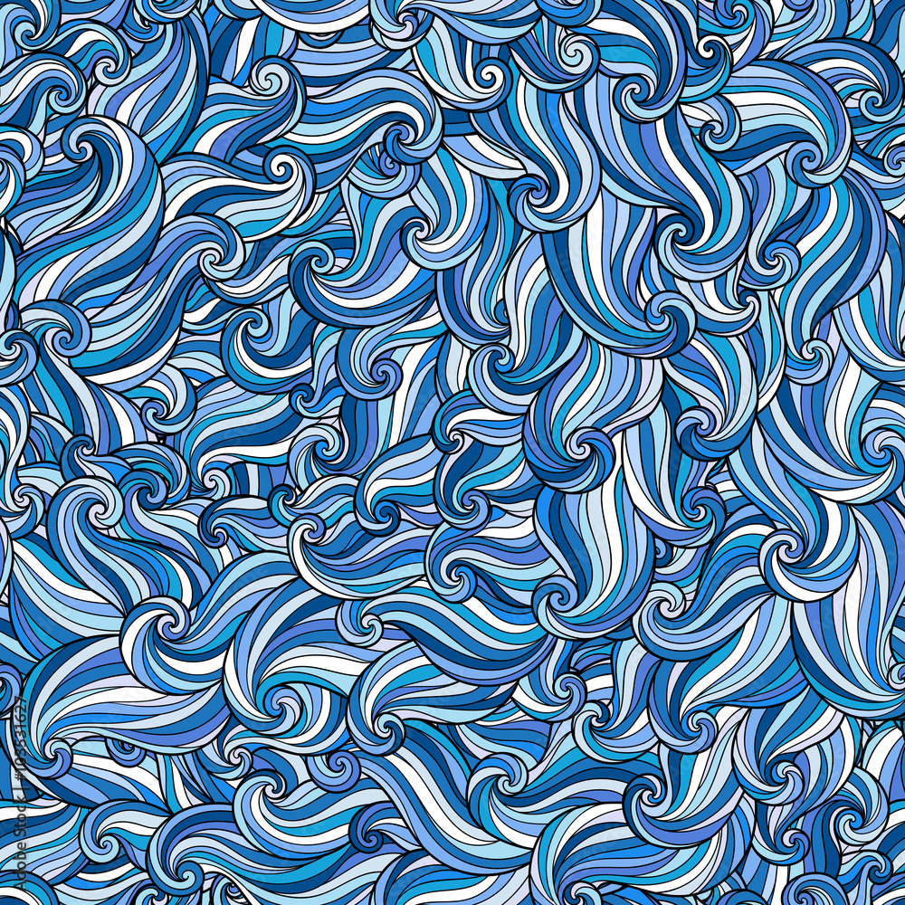 Fototapeta premium Hand drawn seamless wave blue background.