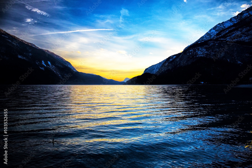 Beautiful sunset on the lake of Molveno. Dolomiti - Italy
