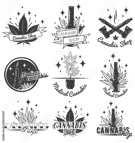 Set of medical marijuana labels in vintage style. Cannabis emblems, badges and logos for shop design