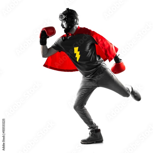 Superhero with boxing gloves running fast