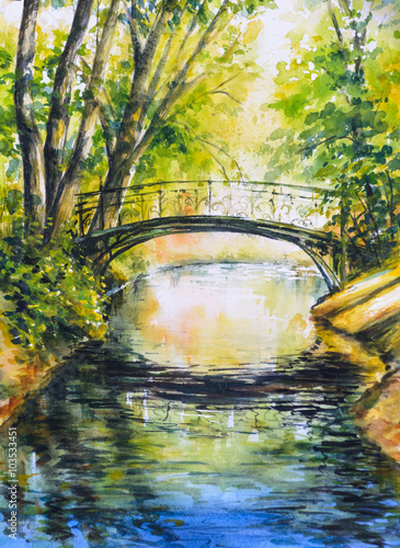  Summer landscape with bridge over river in park.Picture created with watercolors.
