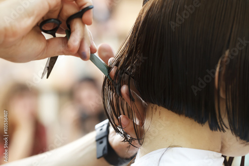 stylist hairdresser doing haircut photo