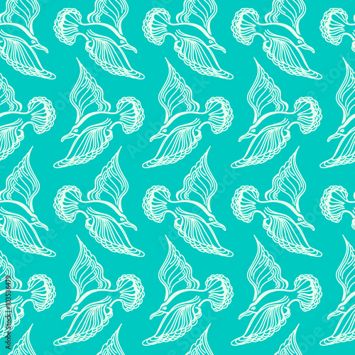 Seagull bird drawing. Summer sea seamless pattern. Illustration
