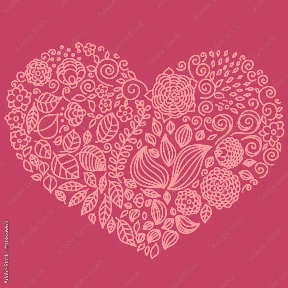 Tattoo floral doodle vector elements set in heart form. Used for