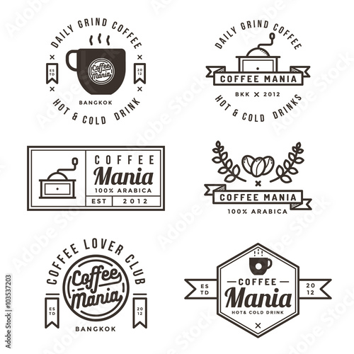 Set of coffee shop labels, banner, ribbon, logo and badges. Flat design vector illustration.