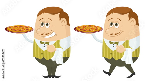 Fullhd 1920x1080 Progressive Seamlessly Looping Video, Waiters, Funny Cartoon Characters in Uniform with Pizza on Trays, Coming to Serve Clients. Animated Elements. Alpha Matte Included