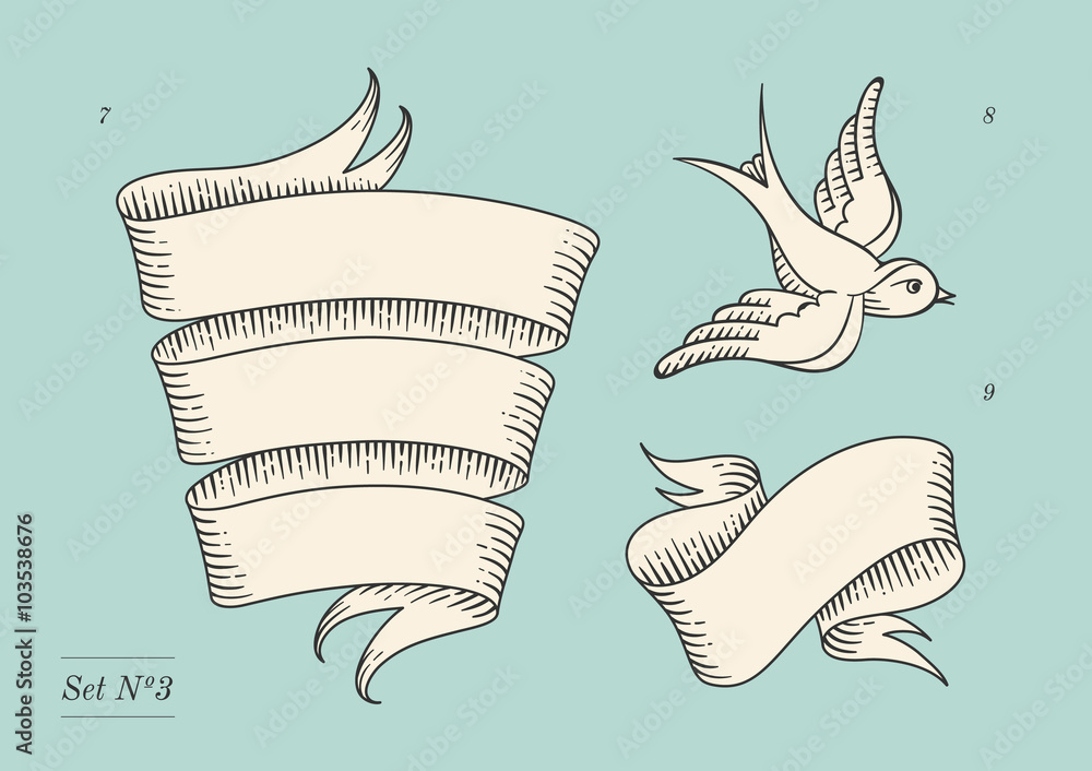 Fototapeta premium Set of old vintage ribbon banners and drawing in engraving style. Hand drawn design element. Vector Illustration.