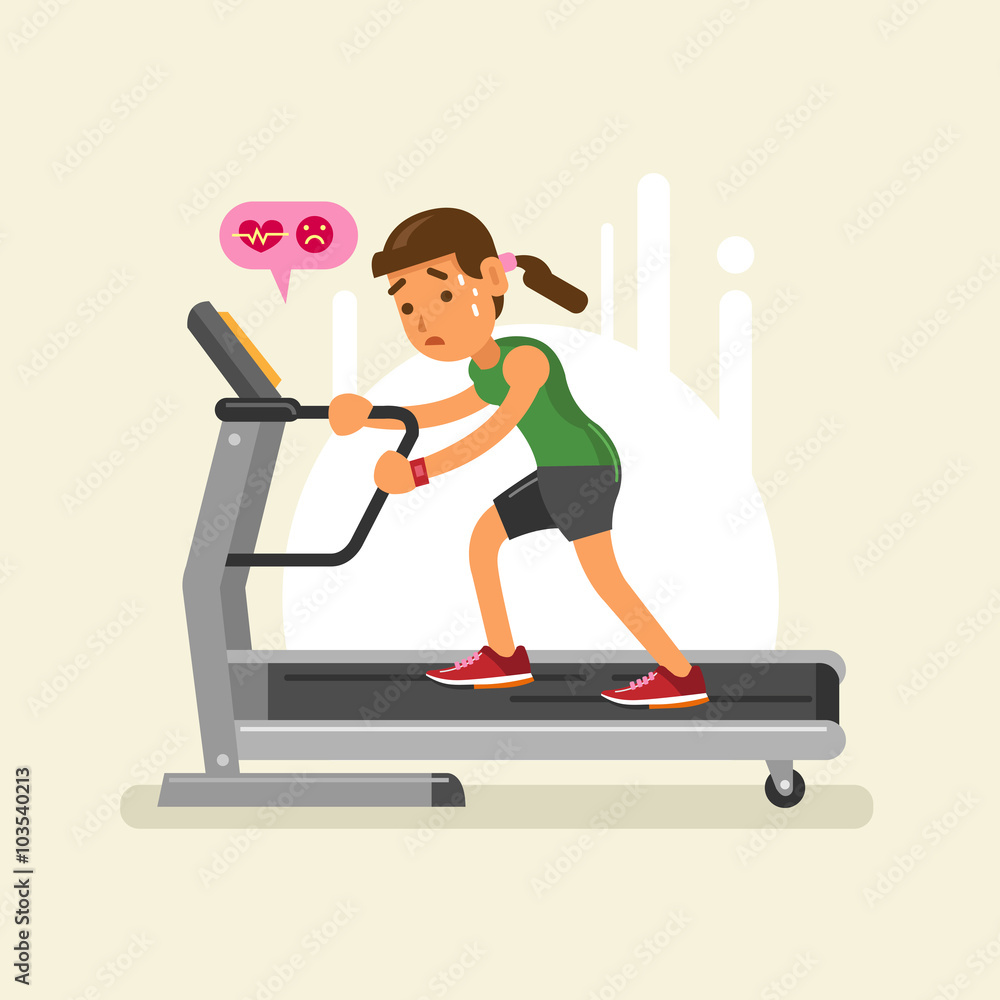 an exhausted woman on a treadmill. vector illustration an exhausted woman on a treadmill. vector illustration