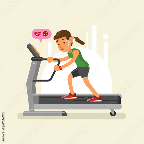 an exhausted woman on a treadmill. vector illustration