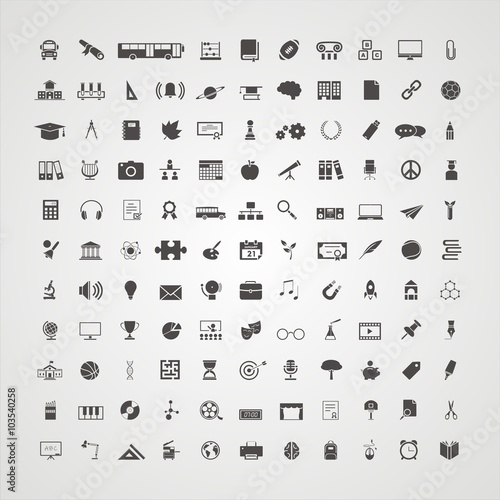 Conjunto de iconos de colegio y educación sobre fondo gris