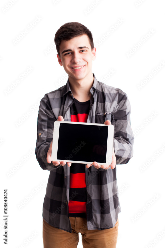 Boy in shirt hold tablet selective focus isolated Boy in shirt hold tablet selective focus isolated