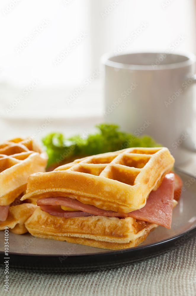 waffes ham cheese sandwich in plate waffes ham cheese sandwich in plate