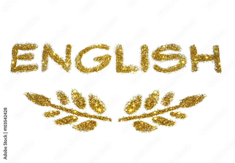 Word English and two twigs with leaves of golden glitter on white background
