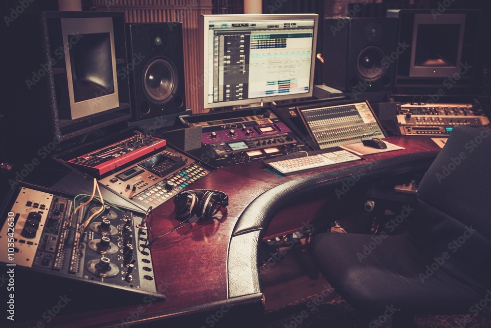 Close-up of boutique recording studio control desk. - obrazy, fototapety, plakaty 