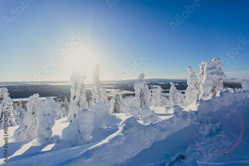Fotografie Beautiful cold mountain view of ski resort, sunny winter day with slope, piste a